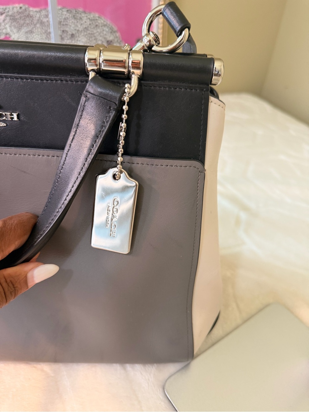 Coach Grace Colorblock Leather Satchel in Black, Gray & White - Picture 7 of 16